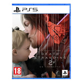 Game cover for 'Death Stranding 2' on PlayStation 5 with a man and child and a robot.